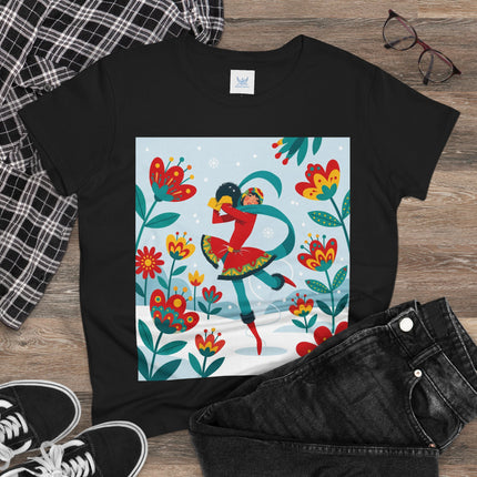 ⛸️🌺 The Winter Flower Skater Cotton Tee – Whimsical Winter Fashion