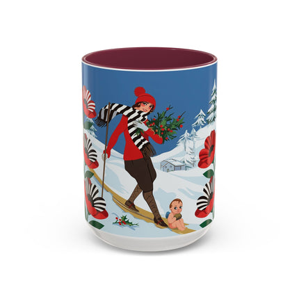 🎿🎄 The Christmas Holly Skier Colorful Mug – Whimsical Holiday Fantasy