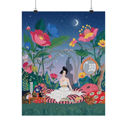 🌙🌺 The Midnight Garden Reverie Matte Vertical Poster – Art Deco Botanical Whimsy