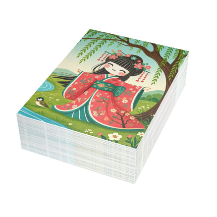 🌸🐦 The Willow Garden Maiden Greeting Card – Whimsical Japanese Garden