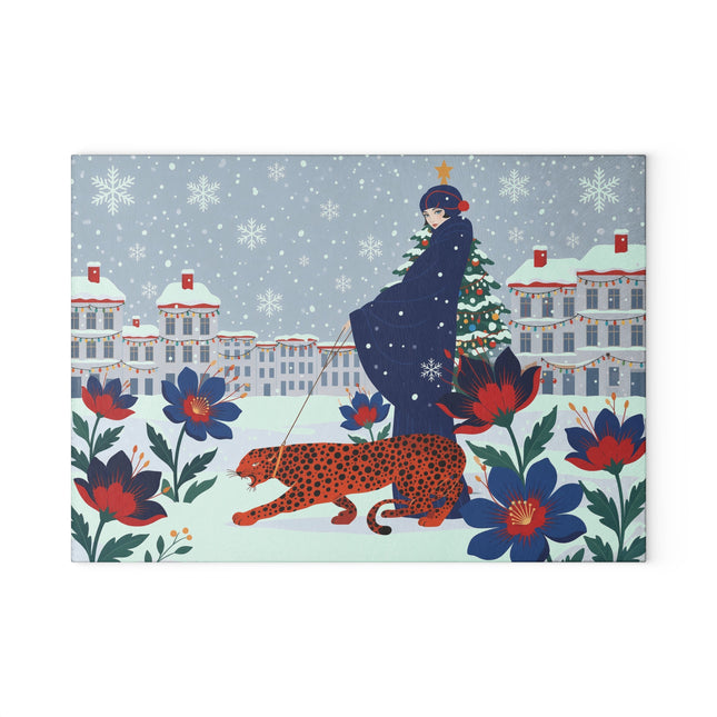 🐆❄️ The Lady And The Christmas Leopard Glass Cutting Board – Art Deco Winter Fantasy