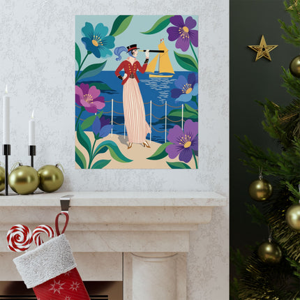 🌊🔭 The Lady Of The Seaside Lookout Matte Vertical Poster – Art Deco Nautical Whimsy