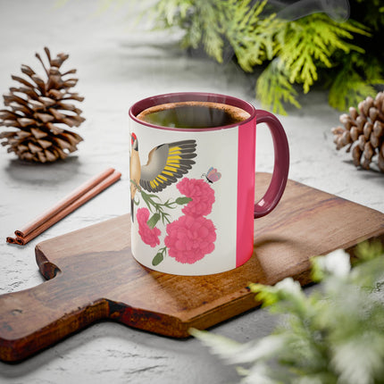 Goldfinch & Pink Flowers Colorful Mugs – Vibrant Spring & Bold Beauty