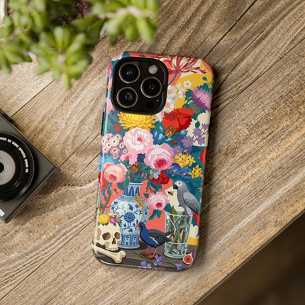 Floral Vanitas Phone Case – Parrot & Porcelain Splendor