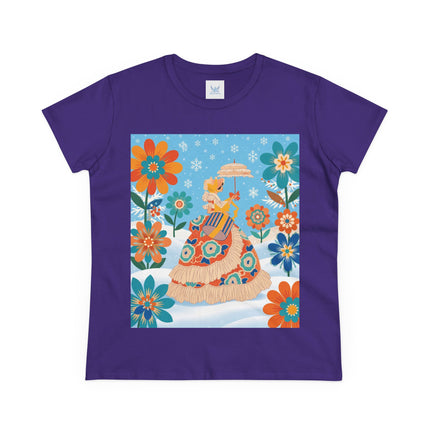 🌼❄️ The Winter Parasol Lady Cotton Tee – Art Deco Floral Fantasy