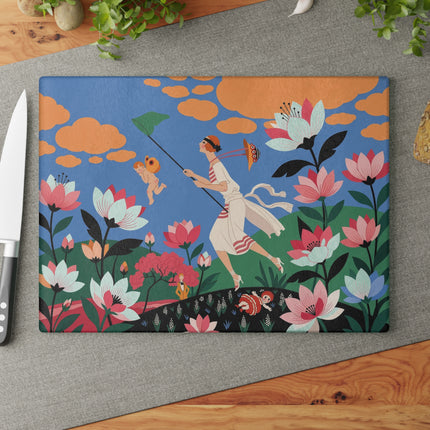 🌸🦋 The Butterfly Chase Garden Glass Cutting Board – Art Deco Whimsical Floral Elegance