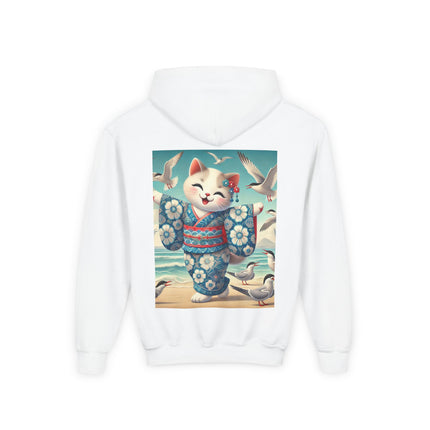 Geisha Kitten by the Seaside Youth Hooded Sweatshirt – Coastal Charm & Playful Style