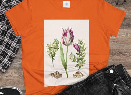 Tulip flower with Two Branches of Myrtle and Shells Cotton Tee