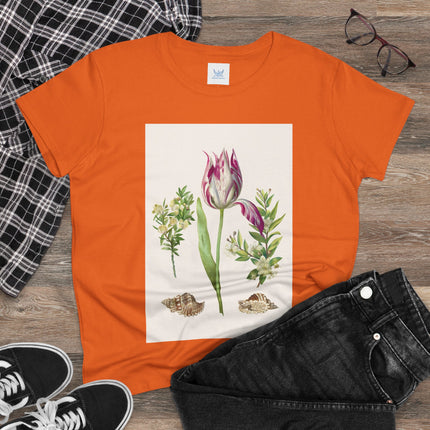 Tulip flower with Two Branches of Myrtle and Shells Cotton Tee
