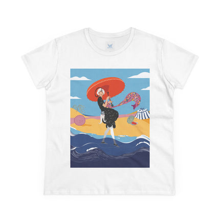 Beachside Promenade Women's Midweight Cotton Tee – Summer Glamour & Coastal Joy