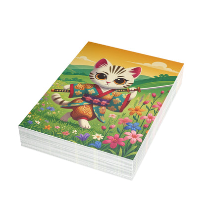 🐱🌼 The Wildflower Samurai Kitten Greeting Card – Whimsical Warrior Adventure
