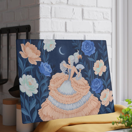 🌙🌹 The Lady Of The Moonlit Blue Rose Garden Glass Cutting Board – Art Deco Floral Elegance