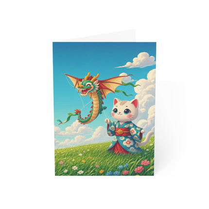 🐉🌼 The Dragon Kite Meadow Kitten Greeting Card – Whimsical Floral Adventure