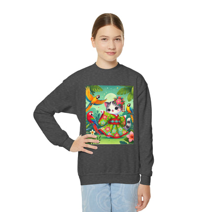 Parrot Dance of the Geisha Kitten Youth Crewneck Sweatshirt – Color, Rhythm & Joyful Expression