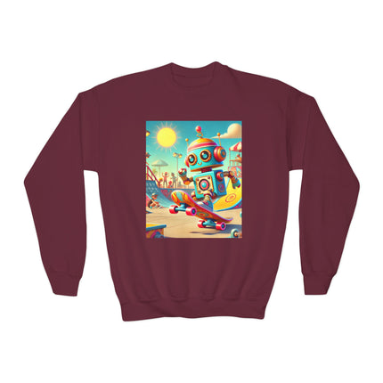 Skate Park Robot Youth Crewneck Sweatshirt – Energy, Motion & Retro-Futuristic Fun