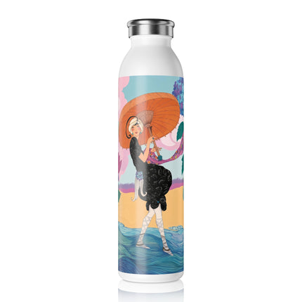 🌸☂️ The Lady With The Orange Parasol Slim Water Bottle – Art Deco Floral Whimsy