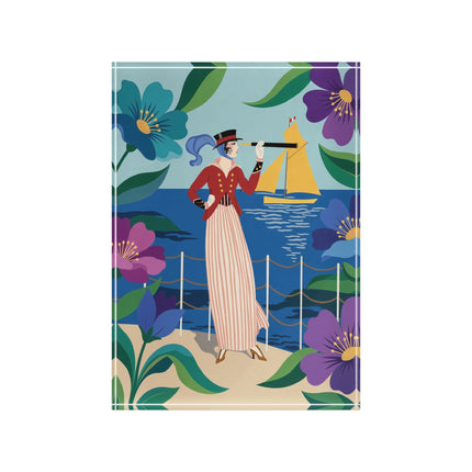 🌊🔭 The Lady Of The Seaside Lookout Acrylic Art Block – Art Deco Nautical Whimsy