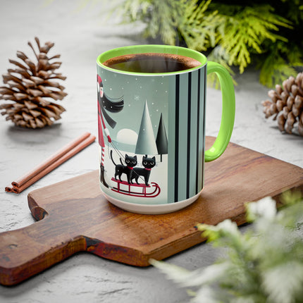 Red Sled & Curious Cats Colorful Mugs (11oz, 15oz)