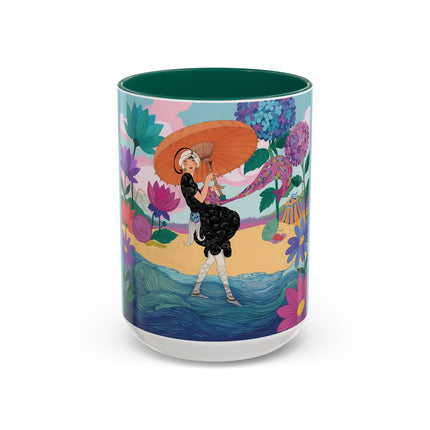 The Lady Of The Coral Parasol Colorful Mugs – Art Deco Coastal Elegance