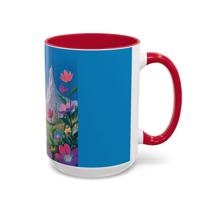 The Lady And The Moonlit Peak Colorful Mugs – Art Deco Alpine Garden Elegance