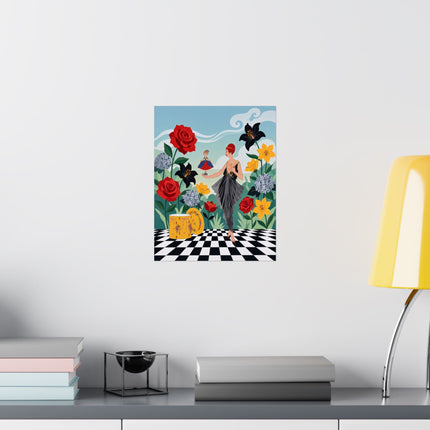 🌹🎭 The Lady And The Little Dancing Doll Matte Vertical Poster – Art Deco Floral Whimsy