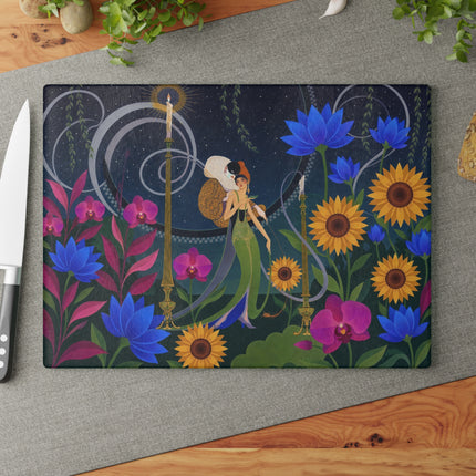 🌻🌙 The Midnight Sunflower Garden Glass Cutting Board – Art Deco Floral Fantasy
