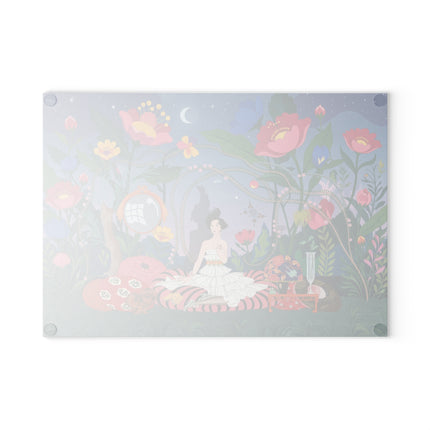 🌙🌺 The Moonlit Garden Reverie Glass Cutting Board – Art Deco Floral Fantasy