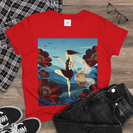 🌊🌺 The Lady Of The Wild Wind Cotton Tee – Art Deco Coastal Fantasy