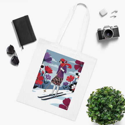🎿🌺 The Winter Flower Skier Cotton Tote Bag – Art Deco Winter Fantasy