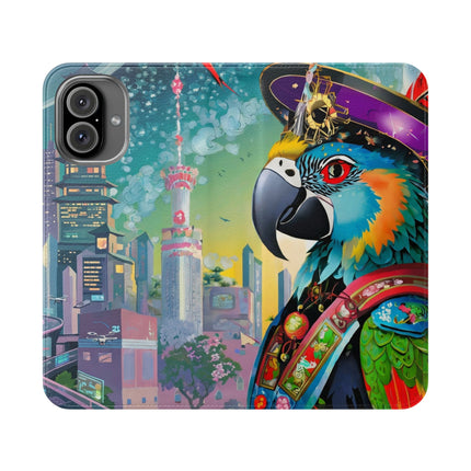 🦜⚡ Tech Plumes Flip Case – Neon Feathers & Futuristic Brilliance