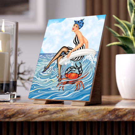 🦀🌊 The Seaside Crab Ride Ceramic Tile – Art Deco Beach Whimsy