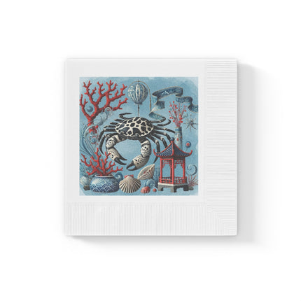 Spotted Crab & Pagoda White Coined Napkins – Mystical Ocean & Asian Harmony