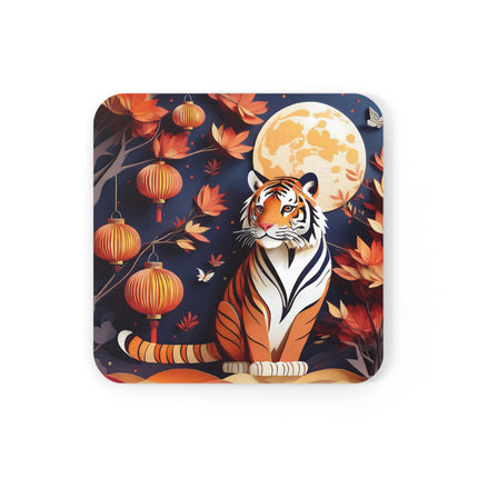 Tiger at an Autumn Moon Viewing Cork Back Coaster