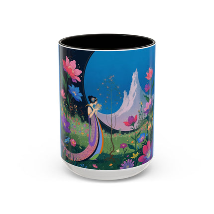 The Lady And The Moonlit Peak Colorful Mugs – Art Deco Alpine Garden Elegance