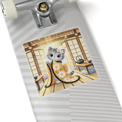 Playful Kitten in the Tea Room Kiss-Cut Stickers (4 Sizes)