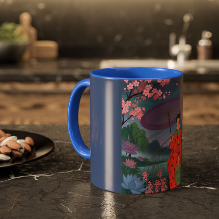 The Lady Of The Cherry Blossoms Colorful Mugs – Art Deco Spring Elegance