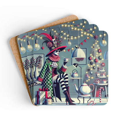 Whimsical Christmas Tea Party Corkwood Coaster Set