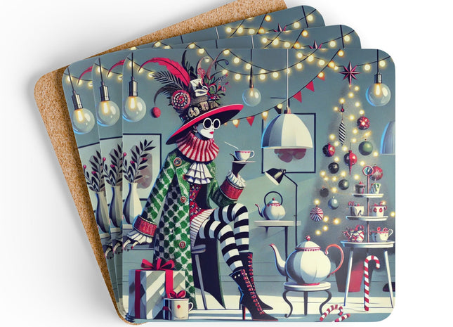 Whimsical Christmas Tea Party Corkwood Coaster Set