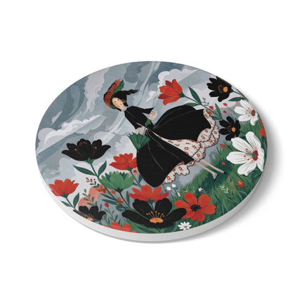 🌧️🌺 The Stormy Flower Walk Ceramic Coaster – Art Deco Floral Fashion