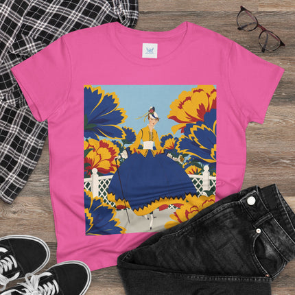 💙🌼 The Golden Petal Promenade Cotton Tee – Art Deco Floral Elegance