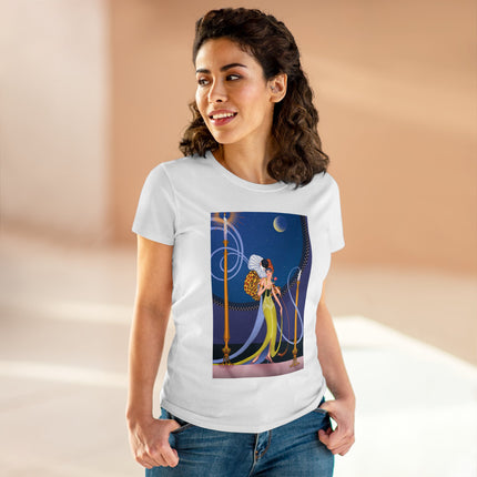 Smoke and Secrets: A Glamorous Encounter in Prohibition Era Women's Midweight Cotton Tee