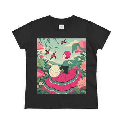 🐦🌺 The Garden Of Flying Birds Cotton Tee – Art Deco Floral Whimsy