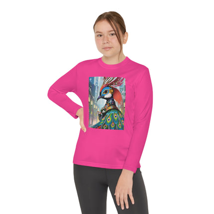 Techno Plumes Youth Long Sleeve Competitor Tee – Futuristic Elegance & Neon Feathers