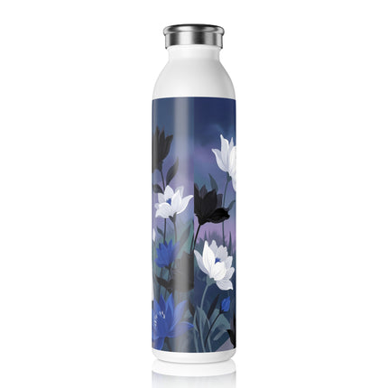🖤🪞 The Lady At The Midnight Mirror Slim Water Bottle – Art Deco Floral Elegance