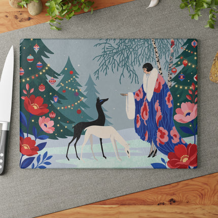 🦌🌲 The Lady Of The Christmas Forest Glass Cutting Board – Art Deco Holiday Elegance