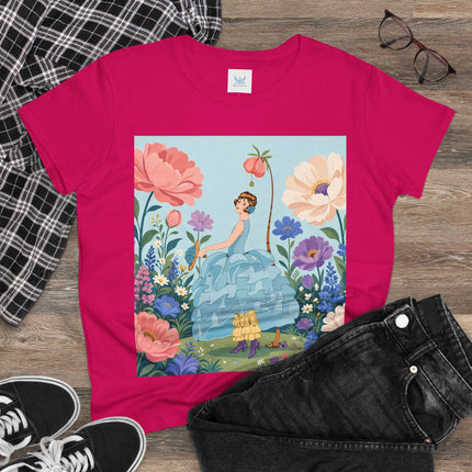 🌸🩵 The Blue Ruffle Garden Cotton Tee – Art Deco Floral Whimsy