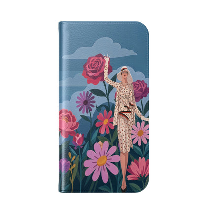 🌸☁️ The Lady Among The Giant Flowers Flip Case – Art Deco Floral Fantasy