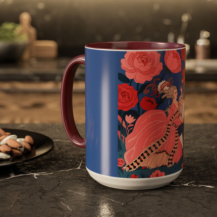 The Lady And The Scarlet Macaw Colorful Mugs – Art Deco Floral Elegance