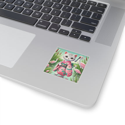 Geisha Kitten Strolls Among the Spoonbills Kiss-Cut Stickers (4 Sizes)