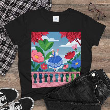 🌸💙 The Lady Of The Flower Terrace Cotton Tee – Colorful Art Deco Garden Elegance